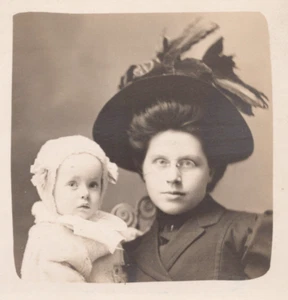 RPPC Postcard 1910's Adorable Baby and Mother Wearing Dead Bird Hat Spectacles - Picture 1 of 5
