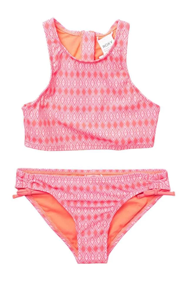ROXY GIRL Girl's 2 Pc Crop Top Set Bikini Swimsuit Bright Coral 8/10/12/14 - Image 1 of 1