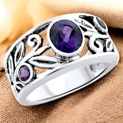 ANILLO BANDA FILIGRANA ESTILO ANTIGUO PLATA ESTERLINA 925 AMATISTA GENUINA #868 Foto 1 de 3