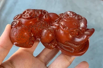 Old China Natural red Amber Carving wealth Dragon Pixiu Beast Statue Pendant - Image 1 of 4