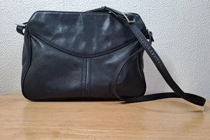 Derek Alexander Vintage Black leather shoulder bag Slim 3 compartment Crossbody - Picture 1 of 11