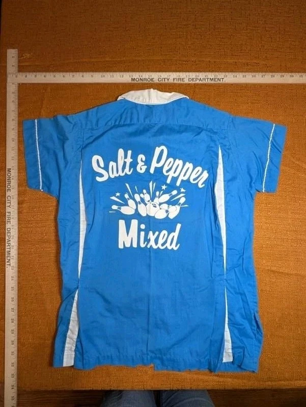 Camisa de boliche Hilton vintage para mujer Rockabilly azul sal pimienta talla 36 Foto 1 de 4