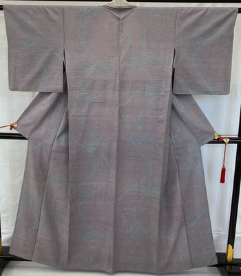 Japanese Vintage Kimono Silk Gray No Lining Tumugi Traditional Length 61 in - image 1 of 4