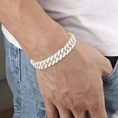 Pulseira cubana masculina folheada a ouro rosa 14k corte redondo 15 quilates diamante criado em laboratório 8,5" - Imagem 1 de 4