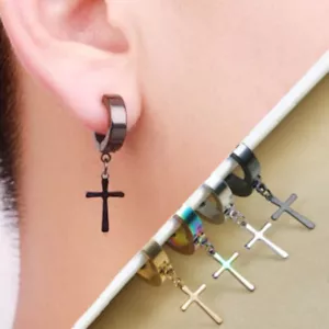 Drei Paar Kreuz Creolen Herren Jungen Clip-On Silber Schwarz Gold Piercing - Bild 1 von 3
