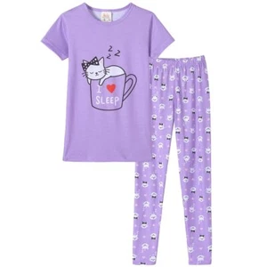 Pajamas for Girls Cup Cat Pants and Short Sleeve Tee Big Kids Sleepwear Night... - Picture 1 of 7
