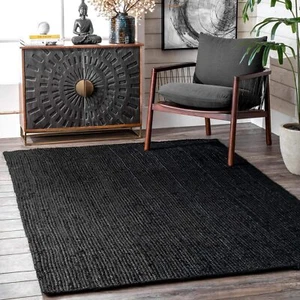 Black Jute Rug in Square Hand Braided Area Carpet for Living Room Rustic Look - Picture 1 of 7