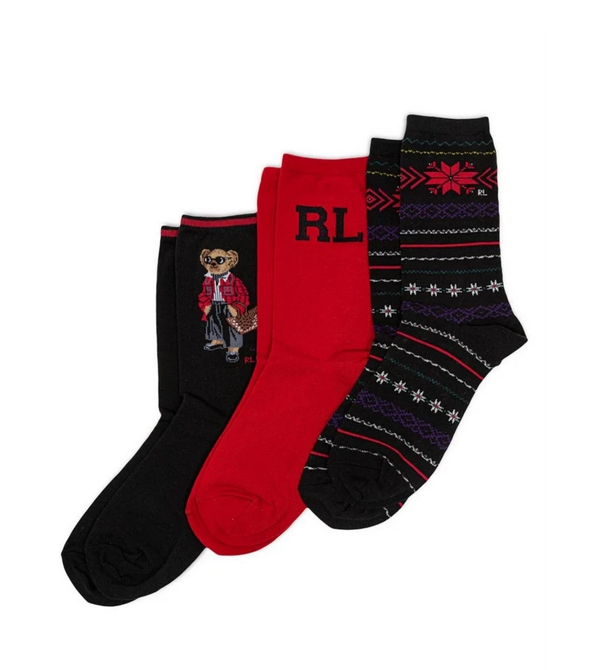POLO RALPH LAUREN ЖЕНЩИН ЭКИПАЖА НОСКИ 3 УПАКОВКИ RL МЕДВЕДЬ ЧЕРНЫЙ КРАСНЫЙ РАЗМЕР 9-11 - Изображение 1 из 1