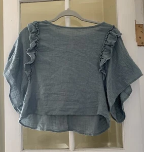 Hyfve Crop Top Med Silver Blue Ruffle Cotton - Picture 1 of 12
