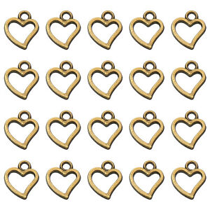 Metal Pendants Drops, 100 Pack Hollow Heart Shape Mini Pendant, Bronze