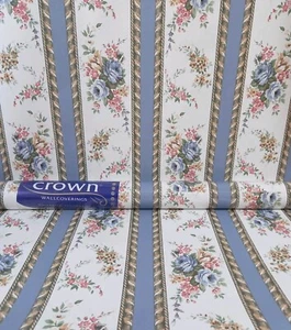 X2 90s Vintage CROWN wallpaper Rolls 80s Cottagecore Floral Stripe Quaint Flower - Picture 1 of 18