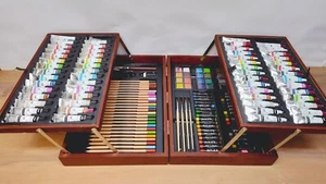 Art 101 Deluxe Art Oil Painting + Drawing Set 140+ Pieces Cherry Wood Case Box - Picture 1 of 7