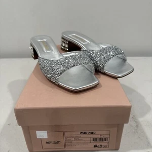 Sandali Miu Miu argento glitter impreziositi tacco a blocco slide taglia 37 - Foto 1 di 7
