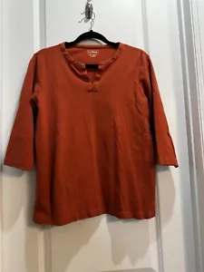 LL BEAN Split VNeck 3/4 Sleeves Tee Armpit To Armpit 21” Large Rust Length 25” - Picture 1 of 7