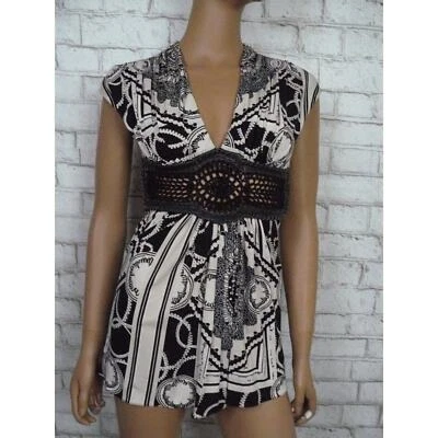 $150 SKY Black Leather Crochet Trim Tan Pleated Blouse Vneck Top Small NEW - Image 1 of 4