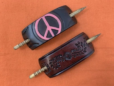 2 Leather Hair Barrettes w Sticks, Ponytail, Pink Peace Sign, Handcrafted #239 - Image 1 of 4