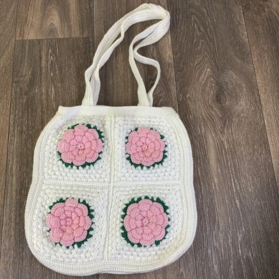 Vintage Hand Made Crochet Granny Square BOHO Pink Flowers Shoulder Bag - Image 1 of 4