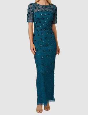 Adrianna Papell Women's Blue Beaded 3D Floral Gown Dress Petite Size 4P - Image 1 of 2