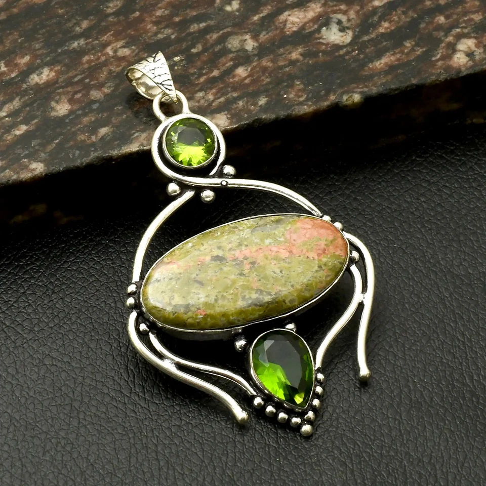 Colgante étnico hecho a mano de piedras preciosas peridoto de unakita joyería regalo 3" AP-37643 Foto 1 de 1