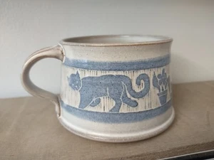 Roberta Storbeck Signed Art Studio Clay Pottery Mug Intricate  Gray Blue Cats  - Picture 1 of 6