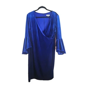 Calvin Klein Size 14 Velvet Blue Flare Sleeve Faux Wrap Dress  - Picture 1 of 8