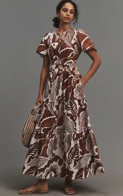 Vestido Anthropologie Maxi Somerset Manga Folhada Marrom Floral Vacay Retrô Tamanho 3X Novo com etiquetas - Imagem 1 de 4