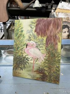 Vintage Flamingo Painting T. Smith Signed Mid Century Modern 1960s Florida Beach - Picture 1 of 6