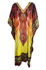 Bohemian KAFTAN Womens Red Yellow Jewel Print Caftan Beach CoverUp Maxi Dress 3X