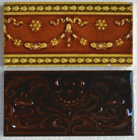 EUROPEAN - 2 ANTIQUE ART NOUVEAU MAJOLICA BORDER TILES C1900 Cover
