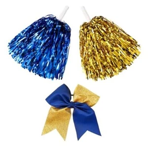 3 Pcs Plastic Cheerleading Pom Poms and Large Cheerleader Blue Gold Classic - Picture 1 of 6