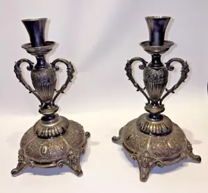 19TH C. PAIR OF SILVER CANDLE HOLDERS - HIGHLY ORNATED - 571.4 GRAMS- BEST OFFER - Picture 1 of 17