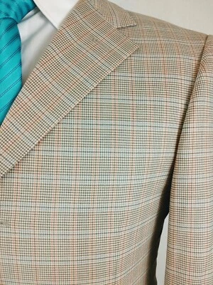 Joe One 36R Orange Blue Houndstooth 3 Button Beige Sport Coat Blazer Jacket Wool - Image 1 of 4