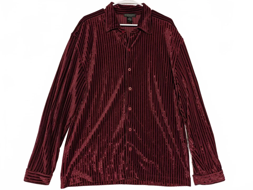 Domani Platinum Velvet Striped Shirt Rich Burgundy Mens Large Polyester Spandex - Image 1 of 4