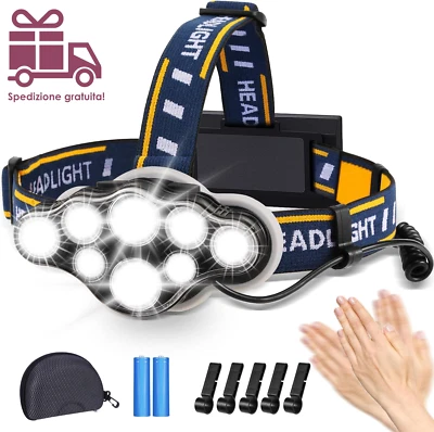Lampada Frontale, Super Luminoso Torcia Frontale Ricaricabile 18000 Lumen 8 LED  - Immagine 1 di 4