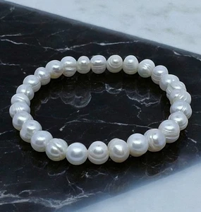 Pearl Bracelet Real Cultured Freshwater Baroque Pearl Max 18cm Wrist Stretch Fit - Picture 1 of 7