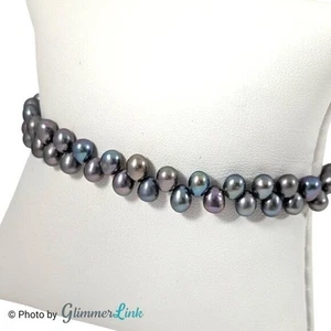 Sterling Silver 6.5" Black Freshwater Pearl Bracelet Double Row 925 - Picture 1 of 9