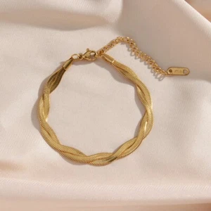 Gold Twisted Braided Herringbone Adjustable Bracelet - Picture 1 of 8