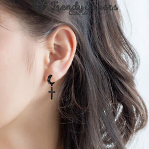 Black Cross Dangle Hinged Hoop Earrings Surgical Steel For Men Women Teen Girls