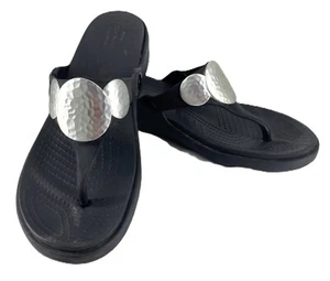 Crocs 8 Black Hammered Silver Thong Wedge Sandals Excellent Condition! - Picture 1 of 9