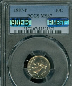 1987 P ROOSEVELT DIME PCGS MS67 MAC 90FB 90% FB FINEST SPOTLESS $1,000 IN FB * - Picture 1 of 2