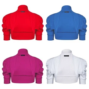 New Womens Short Sleeve Plain Cotton Ruched Puff Bolero Shrug Crop Tops - Picture 1 of 17