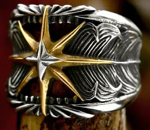Gold Silver Guiding Star Feather Ring Stainless Steel North Hiphop Biker Ring - Picture 1 of 1