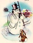 1965 carte postale du Nouvel An lapin regarde haut chapeau bonhomme de neige habillé comme balayeur de cheminée