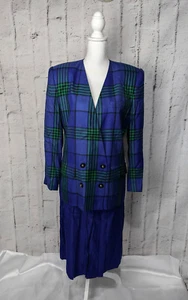 Kasper Vintage Womens Purple Blue 2 Pc Suit Skirt Jacket Double Breasted Blazer - Picture 1 of 12