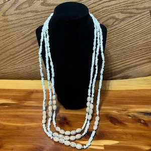 Vintage 3 Strand Layered Puka Shell Hawaiian Necklace Glazed Wood Beaded Clasp - Picture 1 of 10