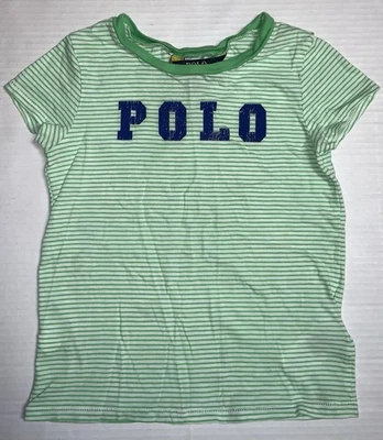 Ralph Lauren POLO 标志女孩 T 恤 5 码绿色和白色条纹 — 第 1/4 张图片