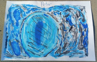 Pintura de papel de acuarela abstracto original de 24 por 36 pulgadas centro azul brillante Foto 1 de 4