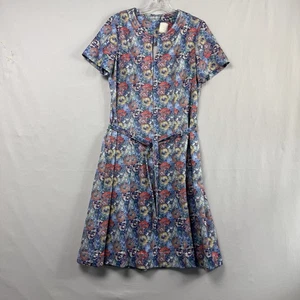 Vintage 1970s Dress Women's Size 14-1/2 Zip Front Polyester Knit Blue Floral - Picture 1 of 14