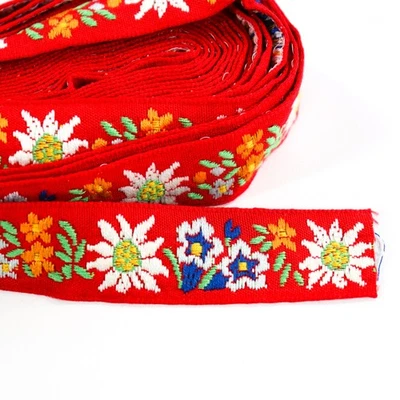 Cinta Jacquard Vintage Borde Flores Tejidas Brillantes Floral en Rojo 6+ Yardas Foto 1 de 4
