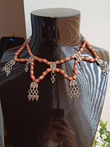 Antike jemenitische Halskette Sterlingsilber & Koralle Perlen - Bild 1 von 18